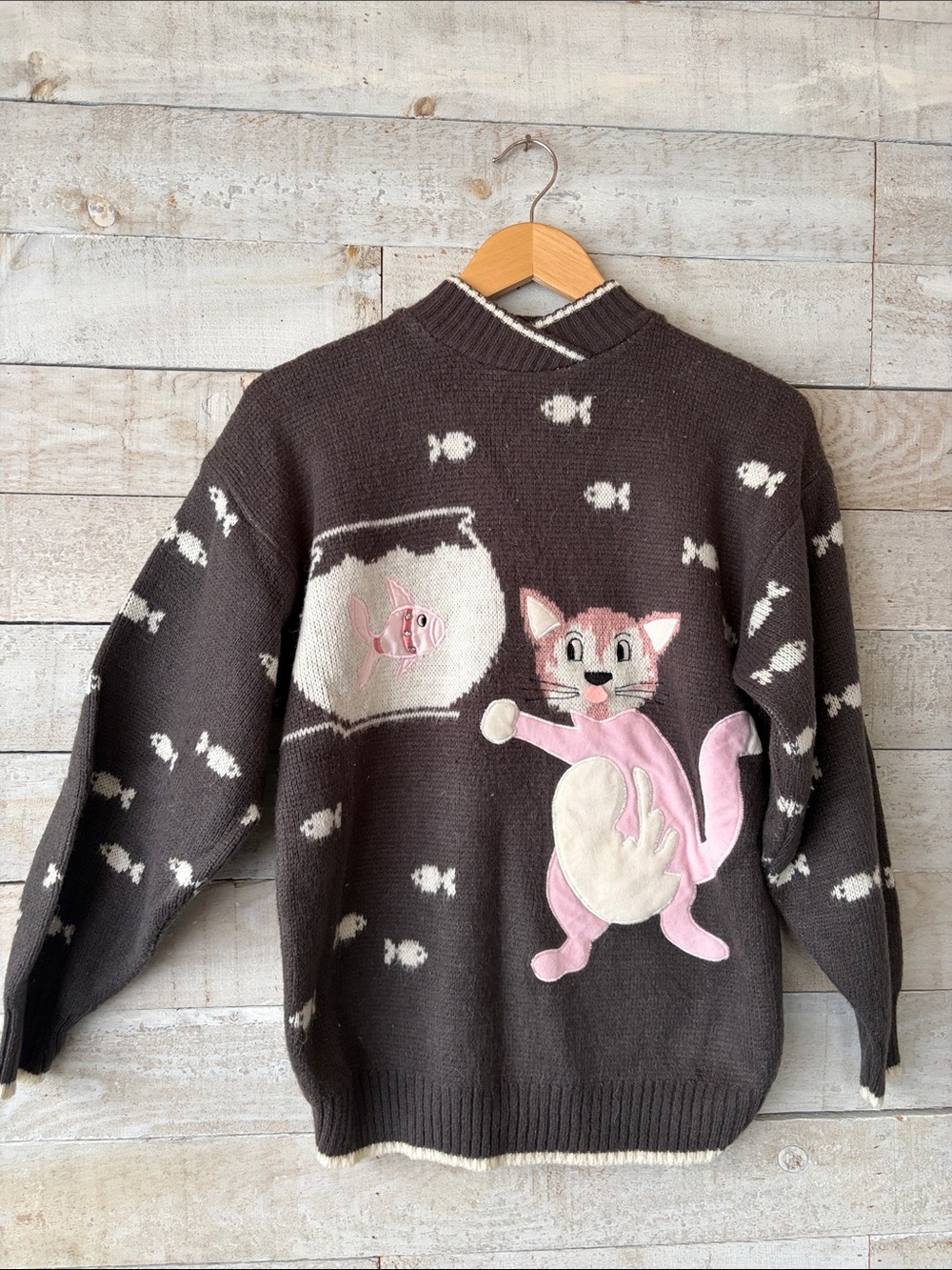 Vintage Whimsical Cat & Fishbowl Novelty Knit Sweater | 80s/90s Kitsch